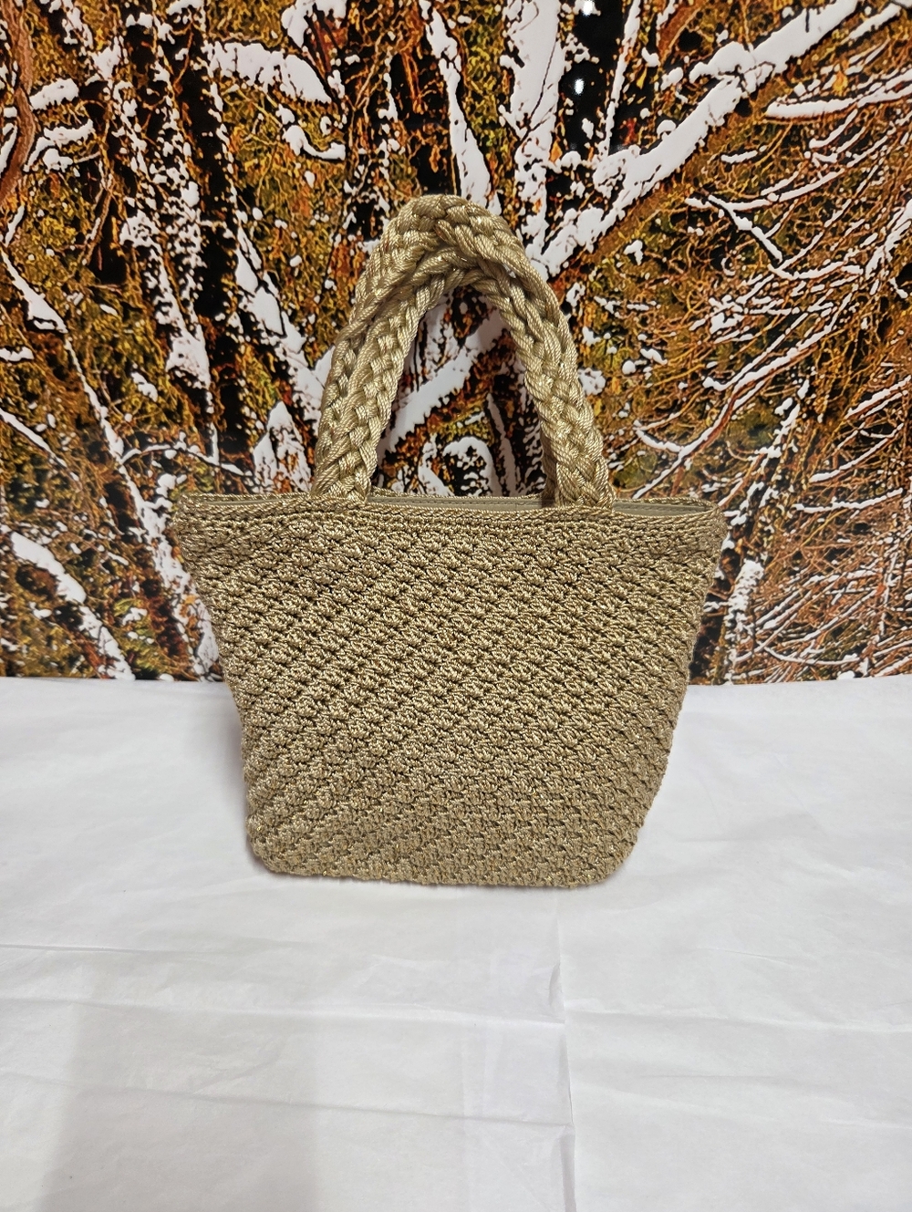 THE SAK Crocheted Mini Top Handle Bag, Natural/Gold, Pre-owned/Vintage